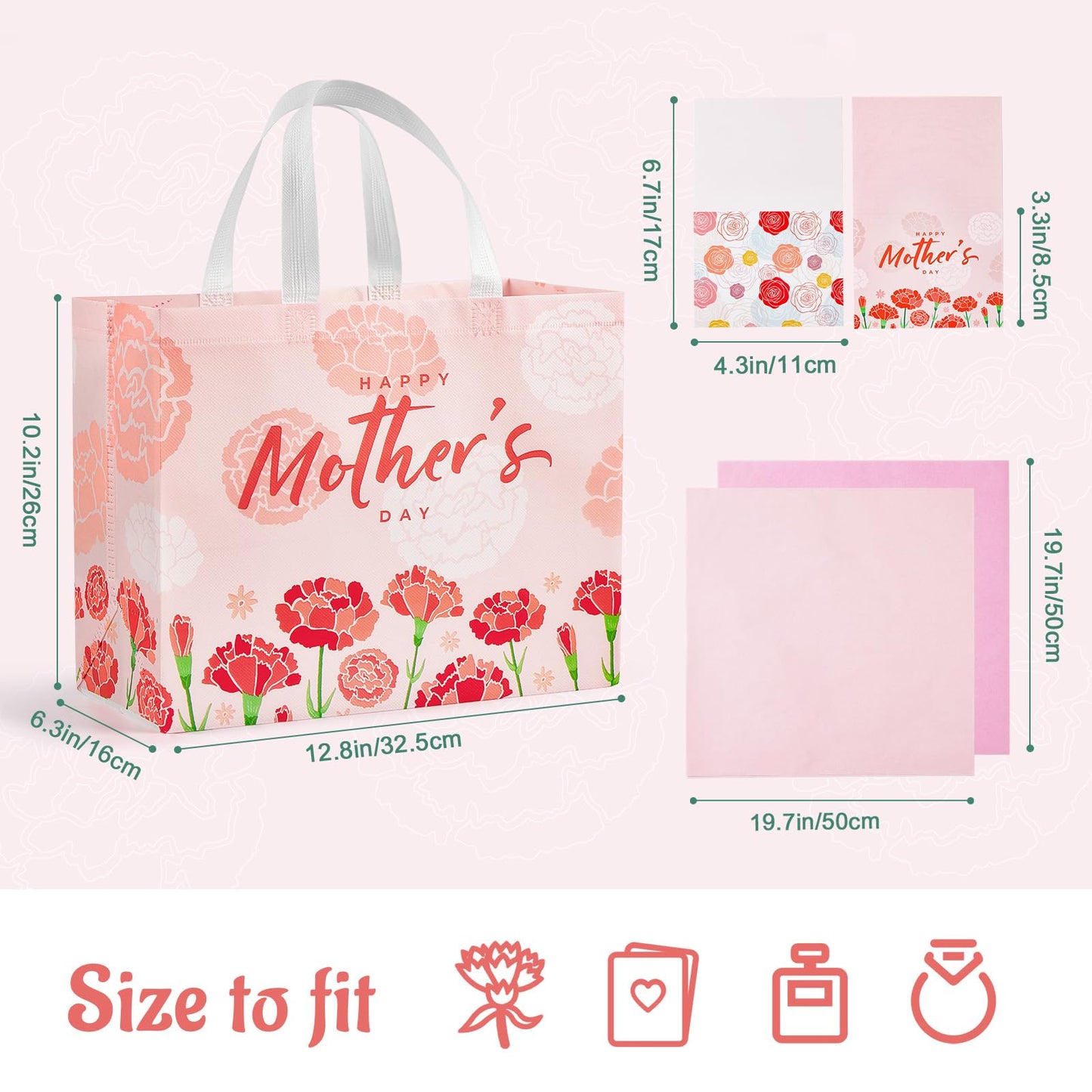 YANGTE 2 Pack 13" Large Mothers Day Gift Bags with Tissue Paper, Reusable Non-Woven Mothers Day Bag with Handle, Elegant Mothers Gift Wrap Bags for Presents, Floral Gift Bags with Cards for Woman, Mom