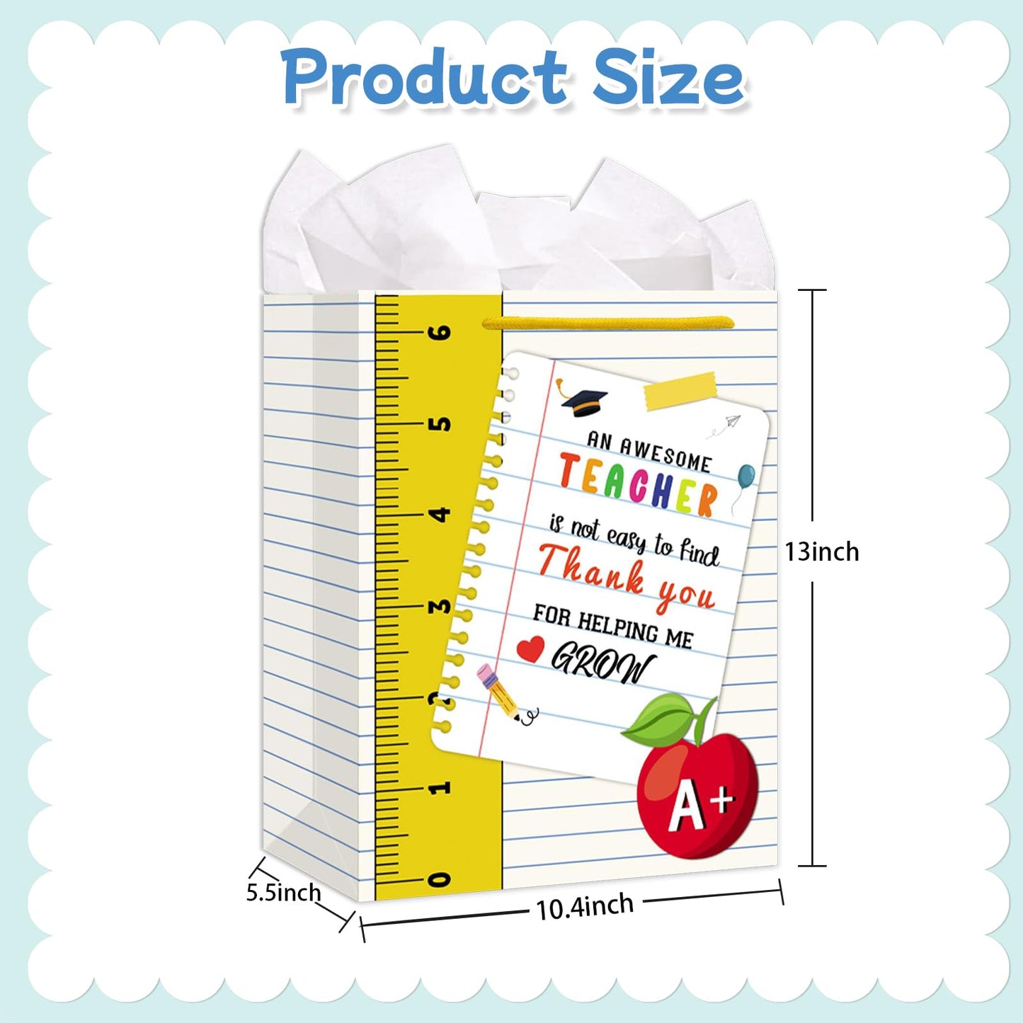 LIJUGITF Teacher Appreciation Gift Bag with Tissue Paper, 13" Large Thank You Gift Bag for Teacher Appreciation Week, End of Year, Graduation, Back to School Supplies, Paper Gifts Wrapping Bags