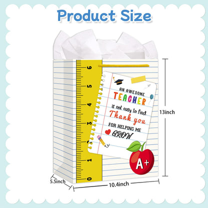 LIJUGITF Teacher Appreciation Gift Bag with Tissue Paper, 13" Large Thank You Gift Bag for Teacher Appreciation Week, End of Year, Graduation, Back to School Supplies, Paper Gifts Wrapping Bags