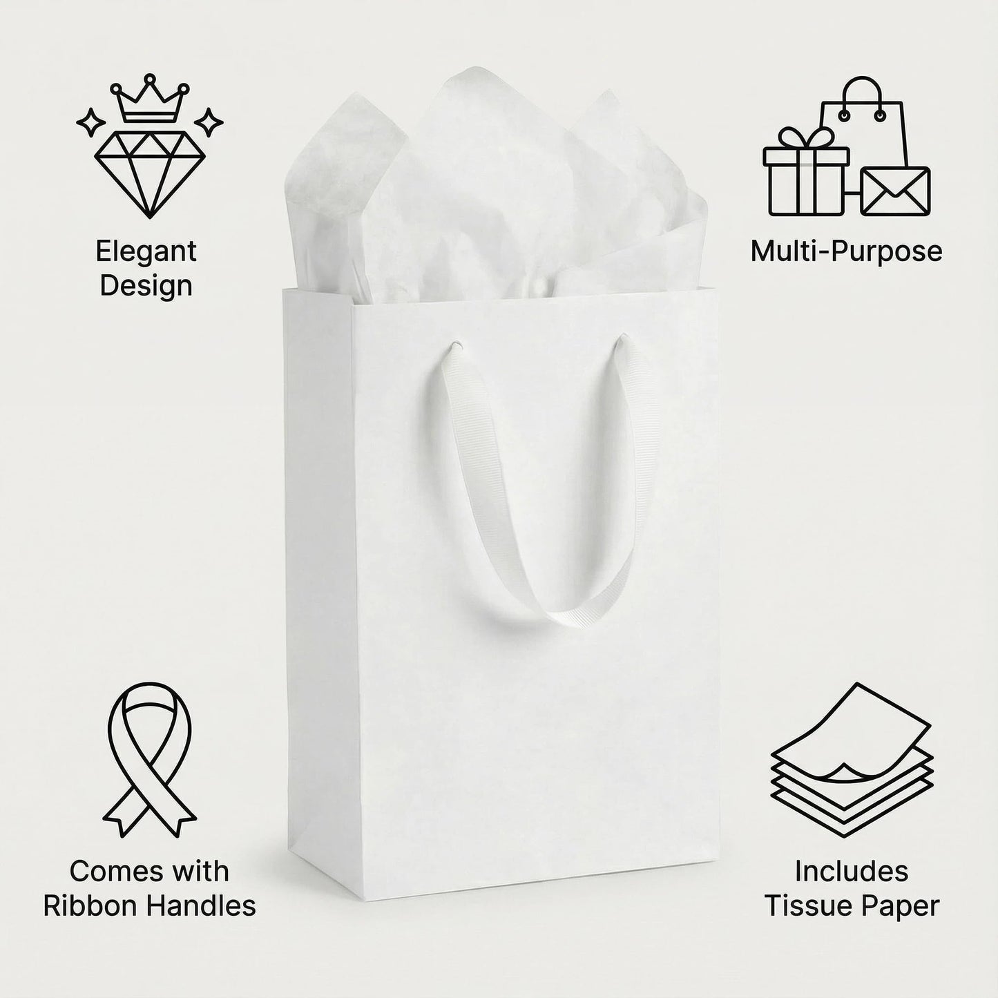 JUNESHE 4 Sets Small White Gift Bags, 8 inch Tiny Little Paper Bag Matching Card Envelope Sticker Black Tissue Paper for Birthday Party Favors Baby Bridal Shower Shopping Presents Wedding Welcome