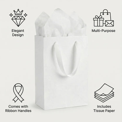 JUNESHE 4 Sets Small White Gift Bags, 8 inch Tiny Little Paper Bag Matching Card Envelope Sticker Black Tissue Paper for Birthday Party Favors Baby Bridal Shower Shopping Presents Wedding Welcome