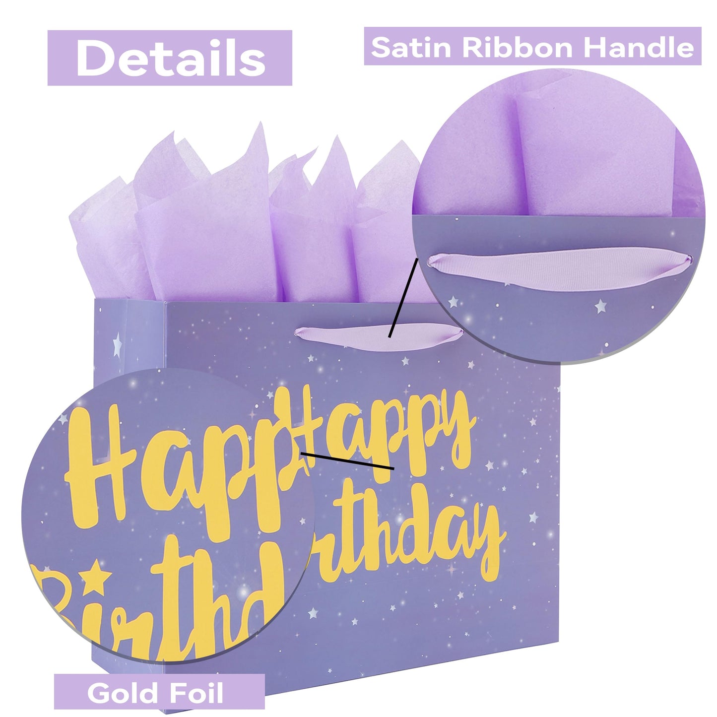 Qirrmiy 13” Large Purple Happy Birthday Gift Bag Set with Handles, Greeting Card, Lavender Tissue Papers and Stickers for Women Girls Kids, Stars Design, 1 Pcs.