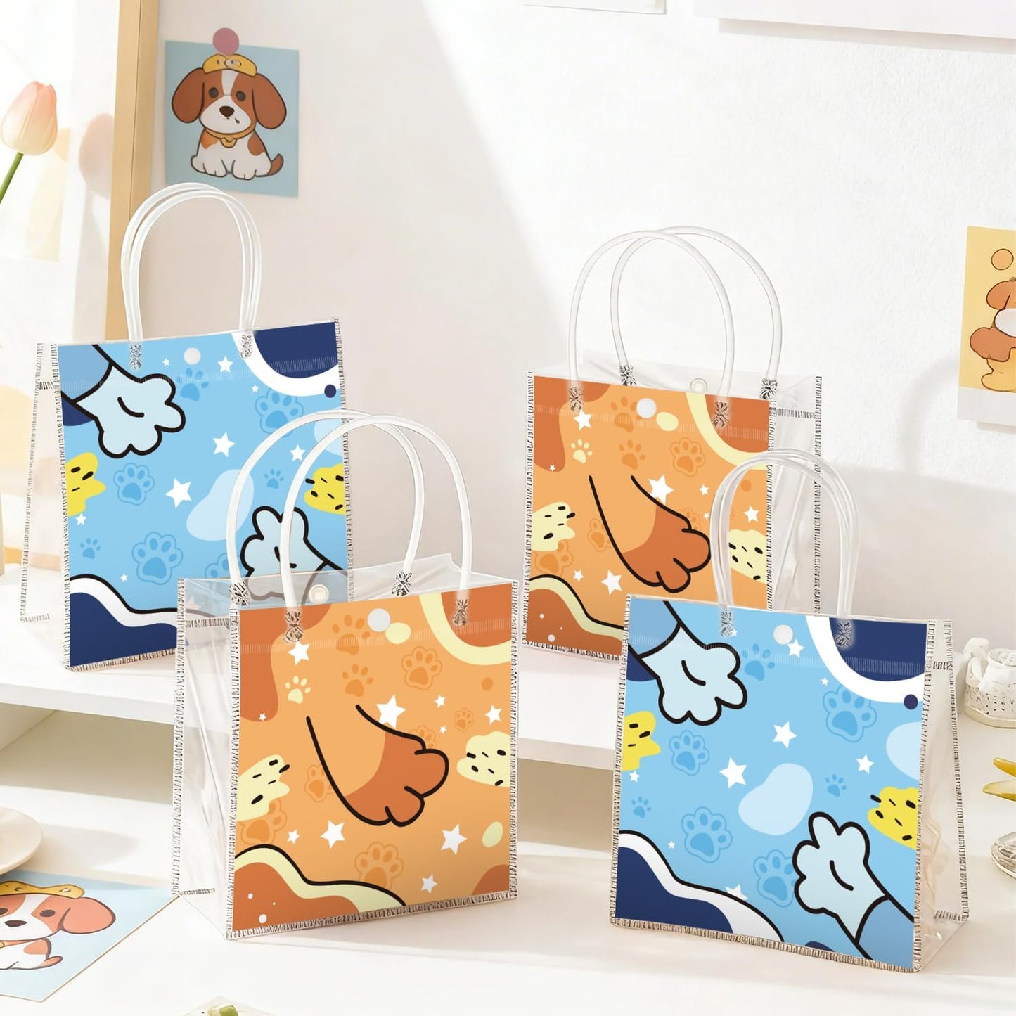 Wood Homing 24PCS Blue Dog Paw PVC Clear Gift Bag with Handle, Blue Cartoon Dog Reusable Plastic Party Favor Bags for Kids, Puppy Pet Themed Treat Goodie Bags Baby Shower Birthday Party Supplies Decor