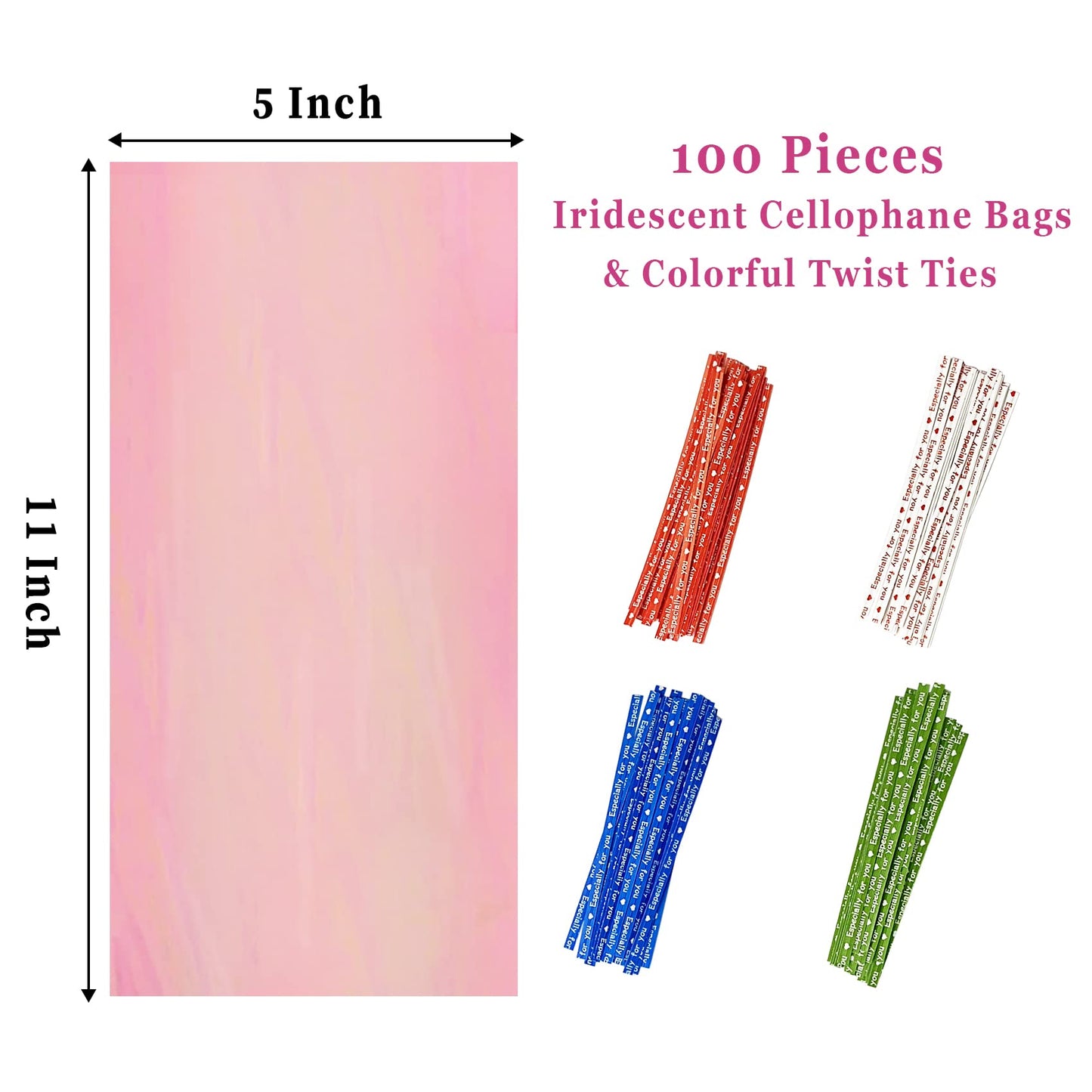 Yotelab Iridescent Holographic Cellophane Treat Bags, 5x11 Inches, Party Favors with Twist Ties, 100 Pieces