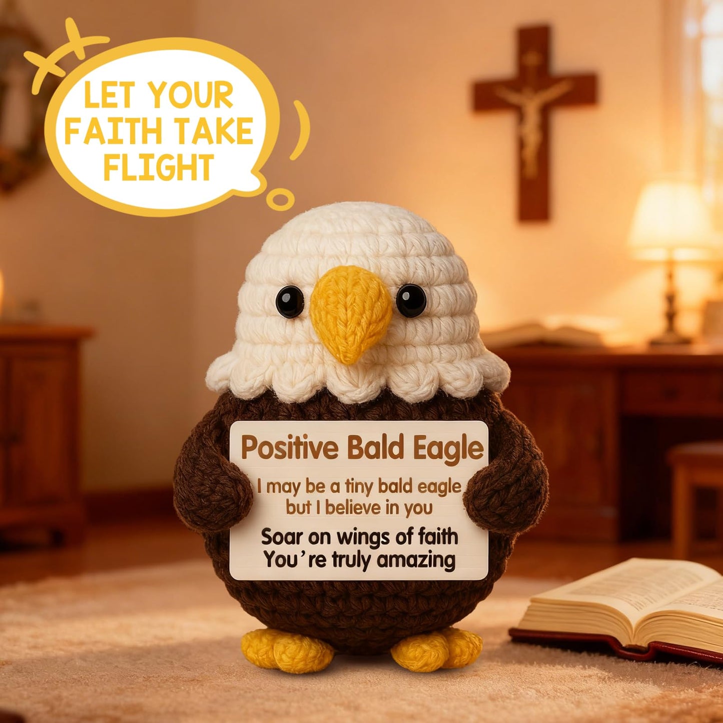 Positive Bald Eagle with Inspirational Card - Handmade Crochet Animals Gifts for Friends, Dad, Son - Birthday Encouragement Decor - Eagle Scout Gift for Boy - Graduation Gift for Him Her