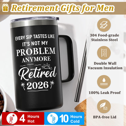 Qtencas Retirement Gifts for Men, Every Sip Tastes Like It's Not My Problem Anymore 20oz Insulated Coffee Mug, Goodbye Gift, Farewell Gifts for Men Friends Coworkers Dad Grandpa