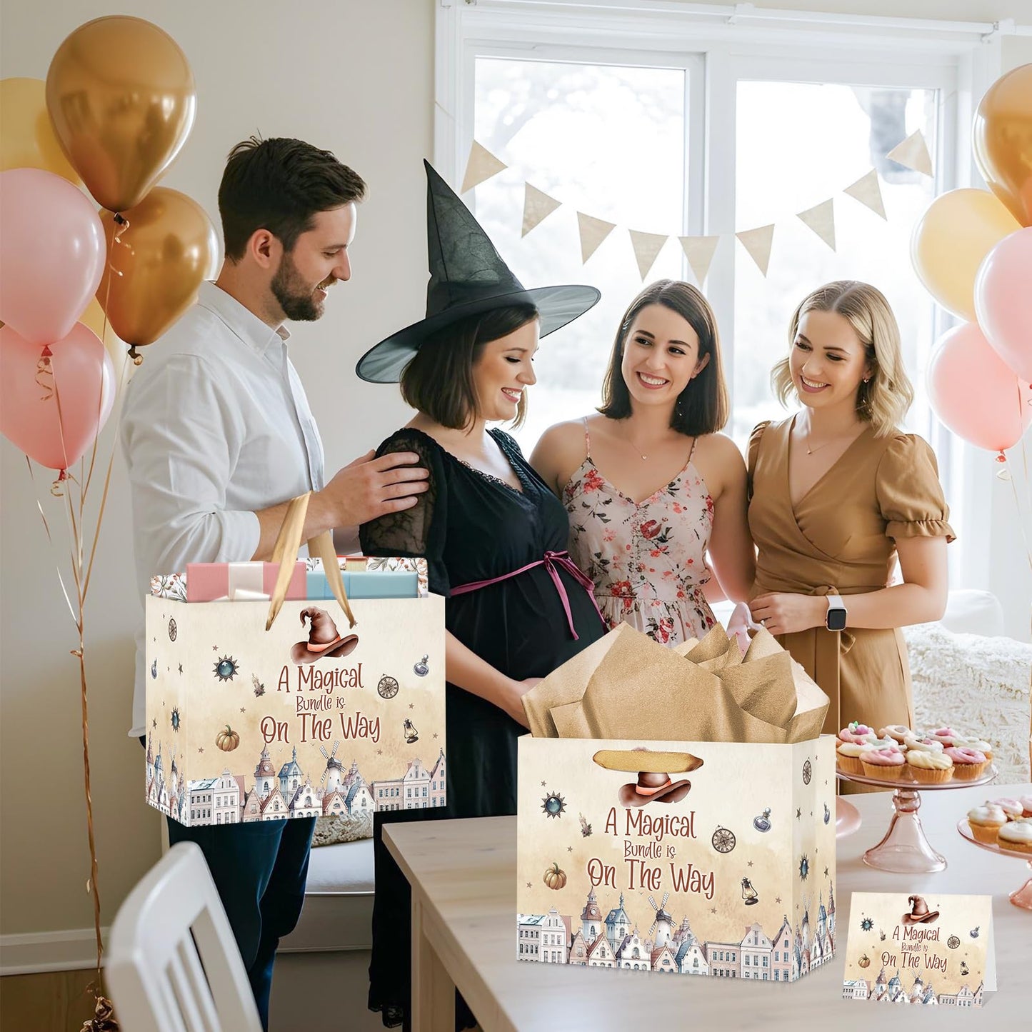 Magical Wizard Baby Shower Birthday Gift Bag for Baby Girls A Magical Bundle is On The Way Bag with Wrapping Paper Card Large Brown Castle Witch Gift Bag for Halloween Baby Shower Party Supplies