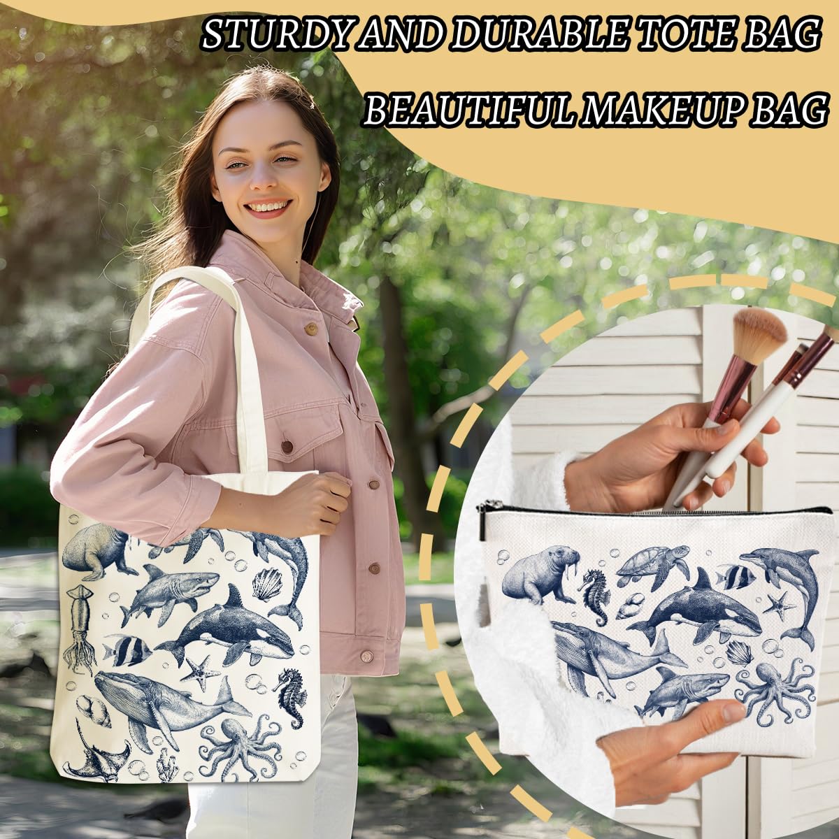 Retro Ocean Animals Turtle Whale Shark Gifts Cosmetic Bags for Women Girls Bestie Lovers Canvas Tote Bag Makeup Bag, Reusable Grocery Bags with Inner Pocket for Gym Beach Birthday Christmas Thank You