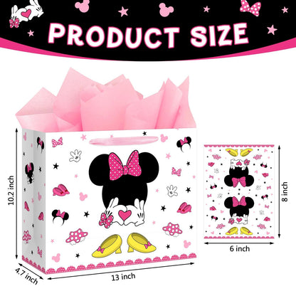 Reyoust 13" Large Cute Mouse Head Birthday Gift Bag with Tissue Paper and Greeting Card Mouse Themed Cartoon Party Gifts Bag with Handles Pink White Wrapping Paper Bags for Kids Girls Birthday