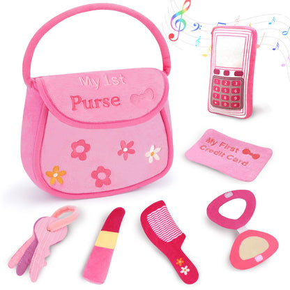My First Pink Purse Plush, Baby Purse Set with 6 Pcs Makeup Plushies for Toddlers, First Birthday Gifts for Girls