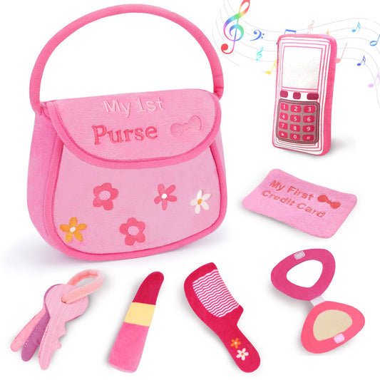My First Pink Purse Plush, Baby Purse Set with 6 Pcs Makeup Plushies for Toddlers, First Birthday Gifts for Girls