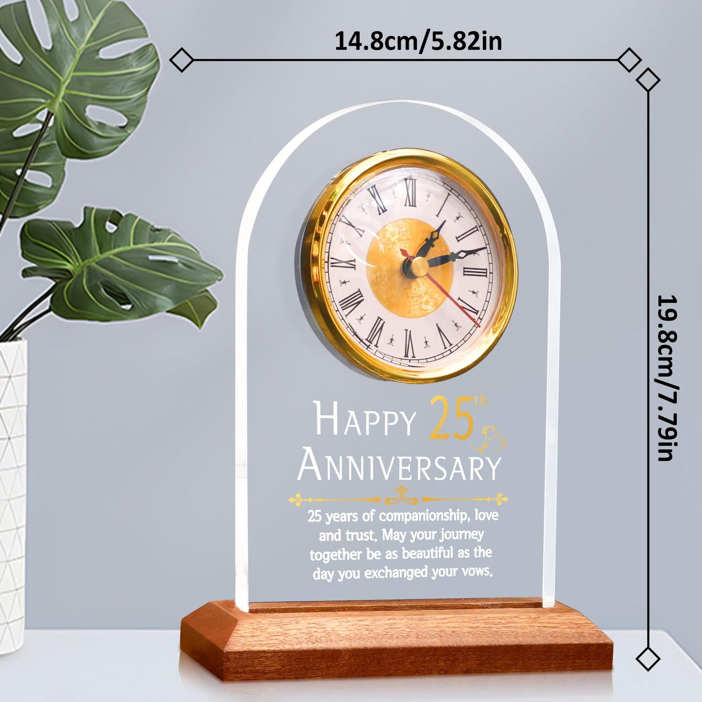 OkiyiD Light Up 25th Anniversary Wedding Gifts Quartz Clock with Wooden Base,25 Years Silver Wedding for Couple,Parents,Soft Warm White Lighting 25th Anniversary Decoration Gifts