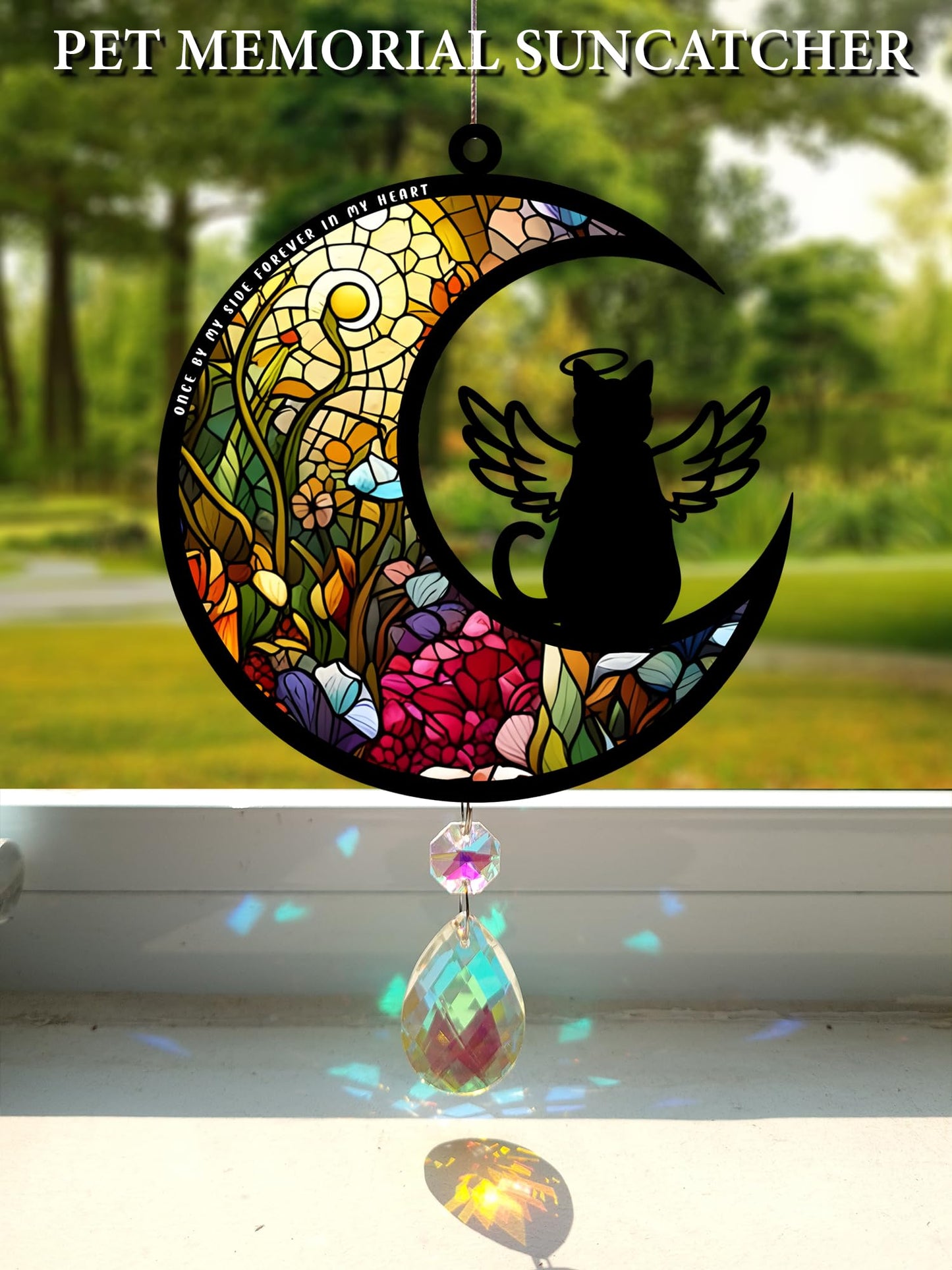Cat Memorial Suncatcher for Windows Stained Glass,Pet Sympathy Gift to Memorialize The Loss,Unique Angel Cat Statue Suncatchers with Personalized Decorations