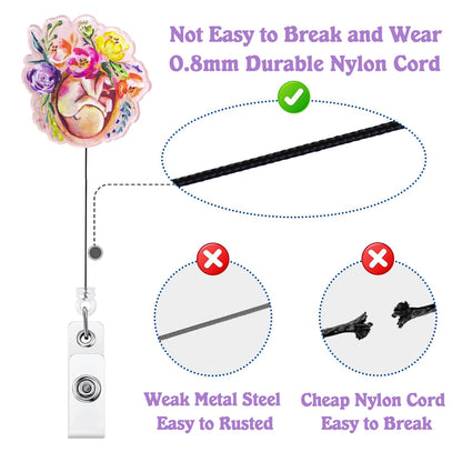Floral Fetus L&D Badge Reel Retractable for Labor and Delivery Nurse & Midwife, NICU Badge Reel, Maternity Badge Clip, Cute OB/GYN Badge Holder with Alligator Clip & 24” Durable Nylon Cord | Acrylic