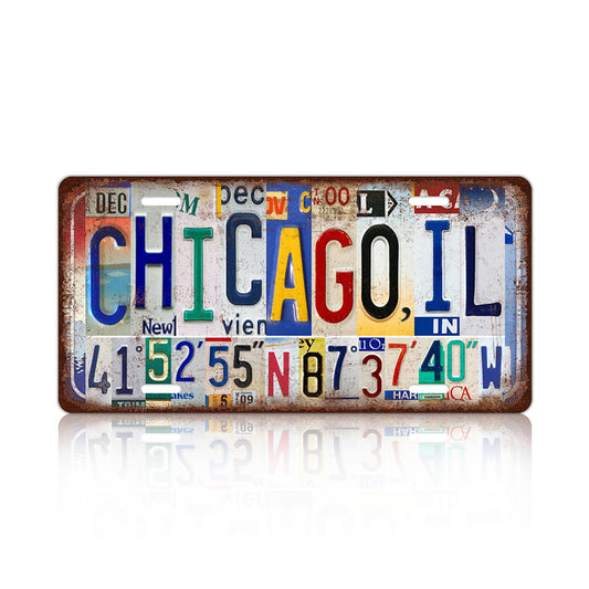 Vintage City License Plate Chicago,Il Wall Decor Metal Tin Sign for Bar Home Bedroom 12 x 6 Inches （Including latitude and longitude）