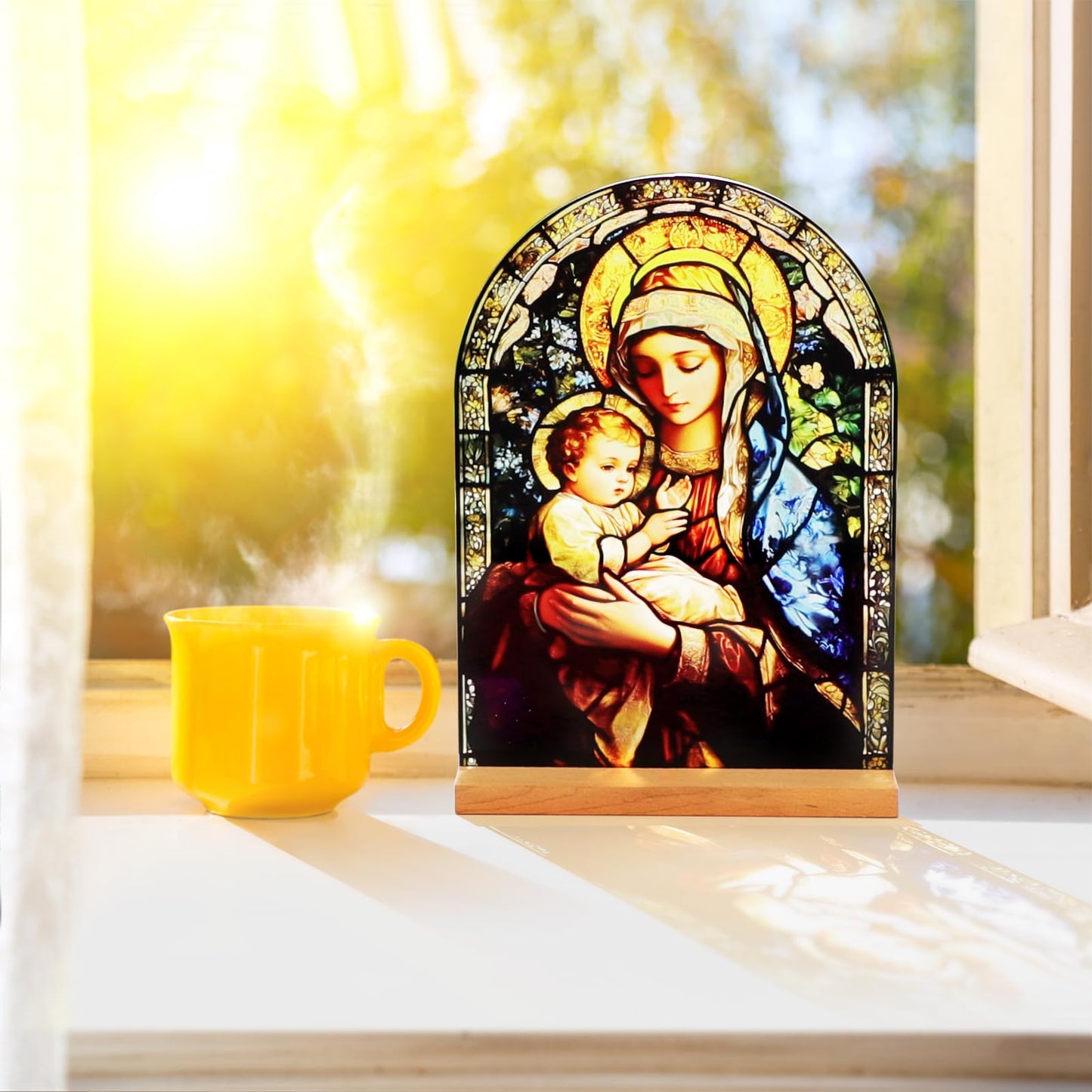 KOMI Madonna and Child Icon Virgin Mary Christ Jesus Catholic Ornament Statue Tabletop Decor Acrylic Standing Home Altar Decor Christian Gifts