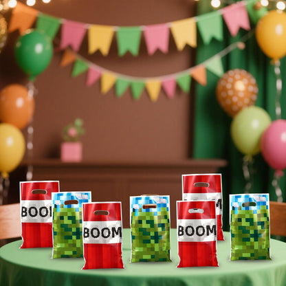 50pcs Party Favor Bags, Pixel Video Game Theme Gift Treat Bags Boom Plastic Candy Snack Bag with Handles for Kids Boys Girls Gamers Birthday Party Supplies (Blue, Green, Red)