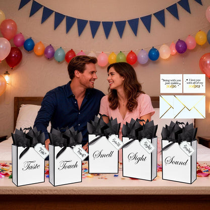Nimbbex 5 Senses Gift Bags for Him Her with Labels & Ribbon, Five Senses Gift Bags with Handle, Envelopes and Cards for Birthday, Anniversary, Mother's Day, Valentine's Day 9 x 7 x 3.2 Inches (White)