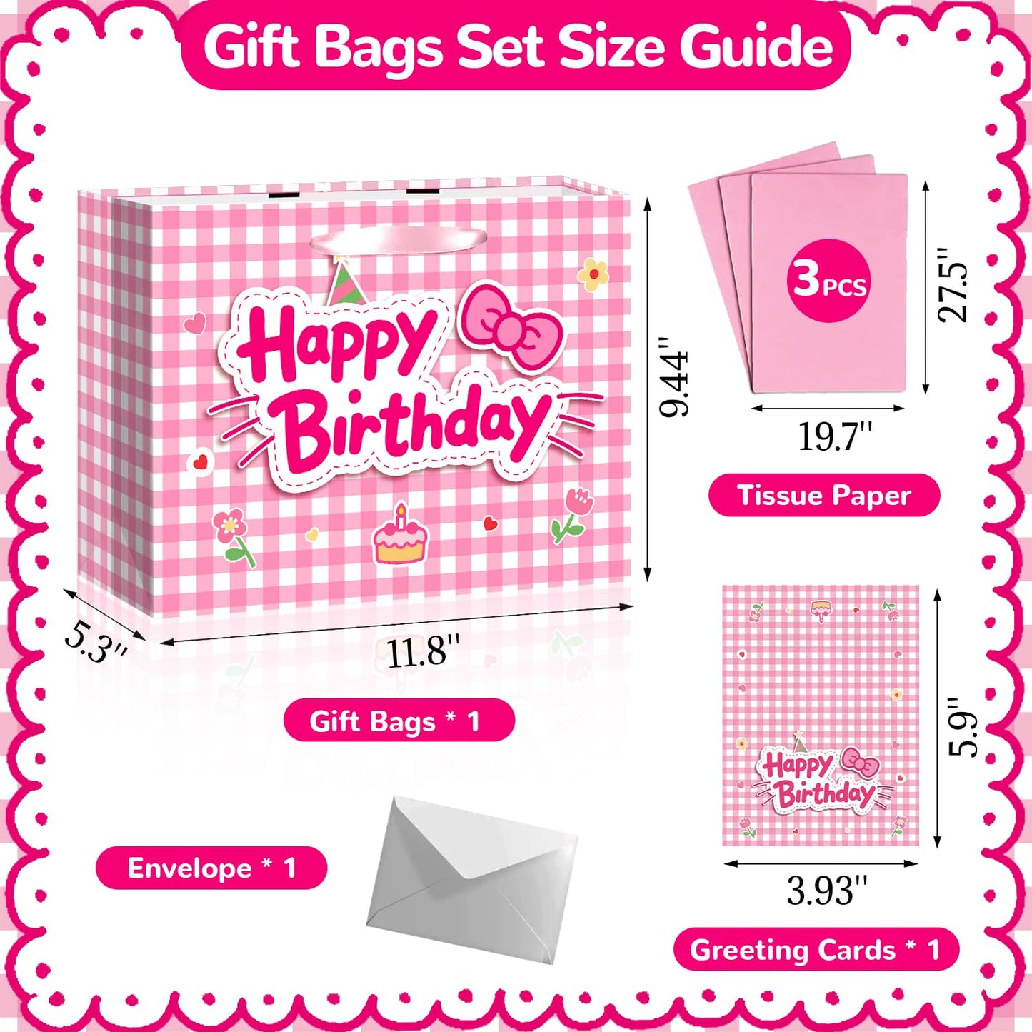 TQQBUU 12" Pink Birthday Gift Bags for Girls, with Cute Greeting Card and Tissue Paper for Party, Cat Party Favor Bag Cartoon Bag for Kids Baby Shower Party Favors Supplies, 11.8"×9.4"×5.3" - 1Pcs