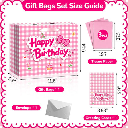 TQQBUU 12" Pink Birthday Gift Bags for Girls, with Cute Greeting Card and Tissue Paper for Party, Cat Party Favor Bag Cartoon Bag for Kids Baby Shower Party Favors Supplies, 11.8"×9.4"×5.3" - 1Pcs