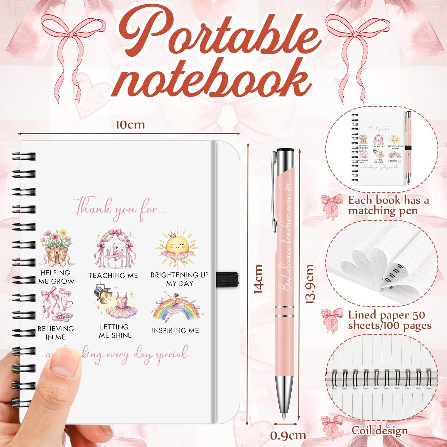Kosiz 5 Pcs Dance Teacher Gifts for Women, Cosmetic Bag, Canvas Bag, Coil Notebook, Ballpoint Pen and Keychain Inspirational Gift for Office School Graduation Teacher Coworker Christmas(B)