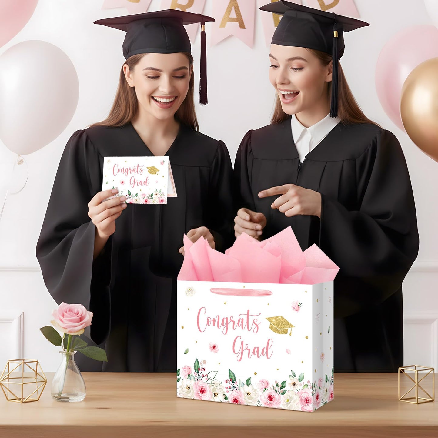 Aysimple 13" Large Graduation Gift Bag with Tissue Paper and Greeting Card Congrats Grad Present Bag for Her Pink Flower Gift Party Favor Bags for Girls Female Women Graduation Party Supplies 1Pcs