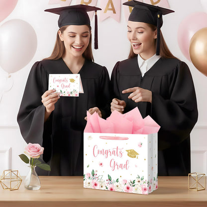 Aysimple 13" Large Graduation Gift Bag with Tissue Paper and Greeting Card Congrats Grad Present Bag for Her Pink Flower Gift Party Favor Bags for Girls Female Women Graduation Party Supplies 1Pcs