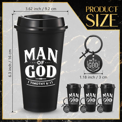 LemonRoad 40 Pcs/ 20 Sets Fathers Day Christian Gifts Man of God Bulk 16oz Reusable Coffee Cups with Lids Man of God Keychains Cross Gifts for Church Religious Men Dad Godfather Coworkers Employee