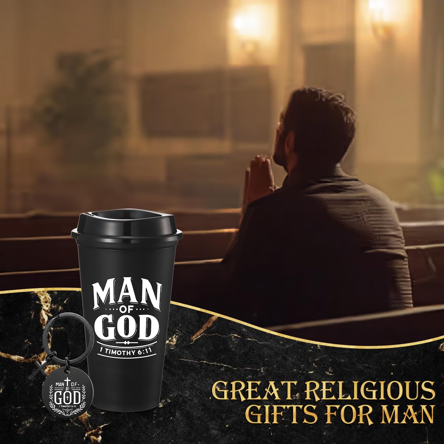 LemonRoad 40 Pcs/ 20 Sets Fathers Day Christian Gifts Man of God Bulk 16oz Reusable Coffee Cups with Lids Man of God Keychains Cross Gifts for Church Religious Men Dad Godfather Coworkers Employee