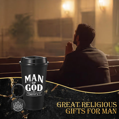 LemonRoad 40 Pcs/ 20 Sets Fathers Day Christian Gifts Man of God Bulk 16oz Reusable Coffee Cups with Lids Man of God Keychains Cross Gifts for Church Religious Men Dad Godfather Coworkers Employee