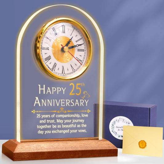 OkiyiD Light Up 25th Anniversary Wedding Gifts Quartz Clock with Wooden Base,25 Years Silver Wedding for Couple,Parents,Soft Warm White Lighting 25th Anniversary Decoration Gifts