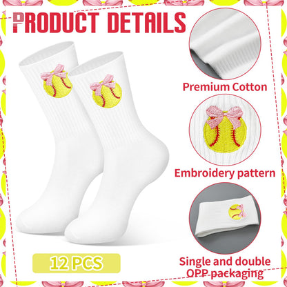 Glitopper 12 Pairs Team Socks Gifts Bulk for Women, Pink Bow Softball Embroidered Socks Gifts Bulk for Women Girls