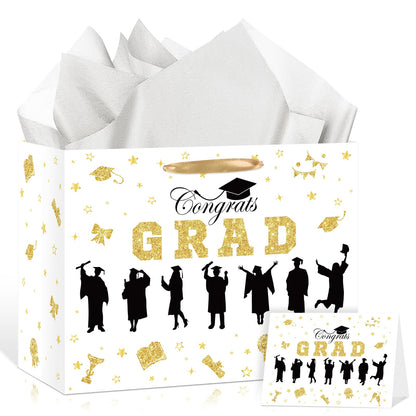 Graduation Gift Bag Class of 2026 Congrats Grad Gift Bag with Tissue Paper and Card Happy Graduation Wrapping Paper Bag for High School College University Gold Glitter Silhouette Theme Decorations