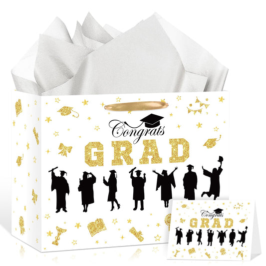 Graduation Gift Bag Class of 2026 Congrats Grad Gift Bag with Tissue Paper and Card Happy Graduation Wrapping Paper Bag for High School College University Gold Glitter Silhouette Theme Decorations