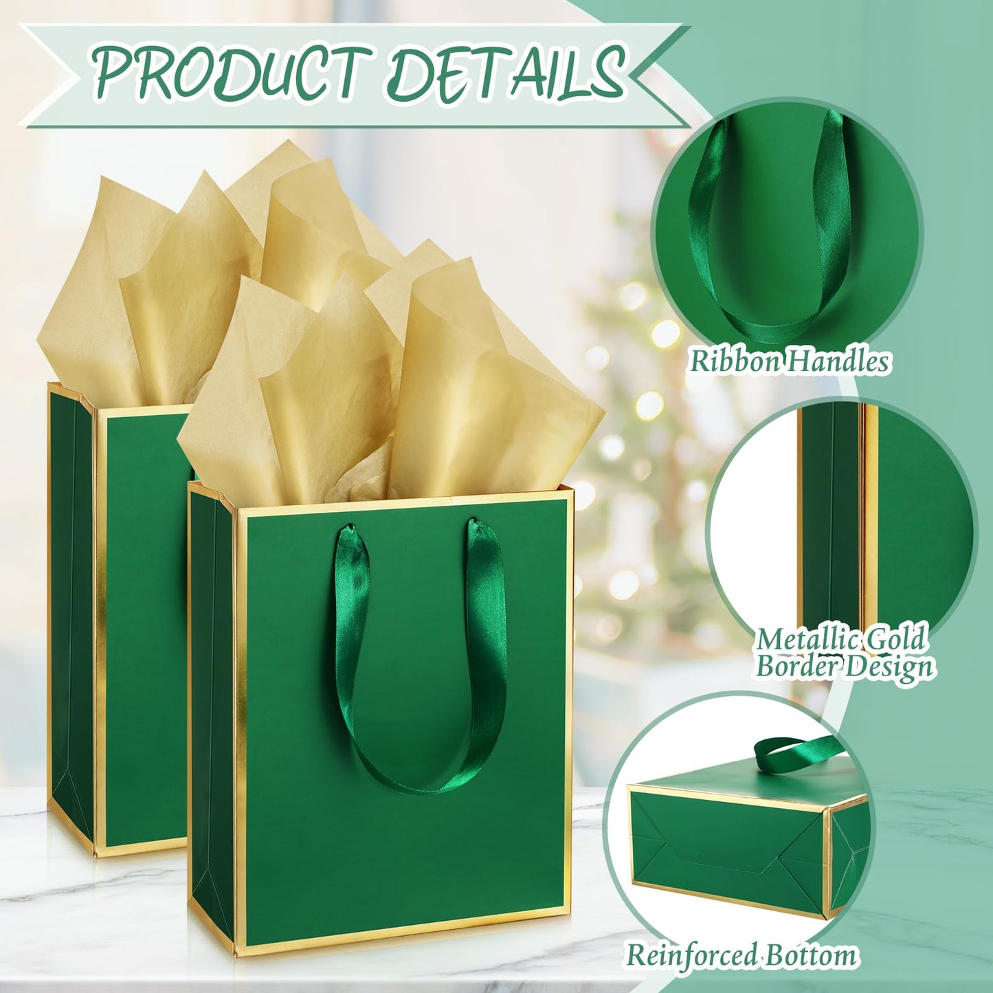 Yeaqee 24 Pack Metallic Paper Gift Bags with Handle and Tissue 9x7x3.1 Gold Foil Welcome Thank You Favor Bags Return Gifts for Wedding Graduation Bridesmaid Groomsmen Birthday(Green Gold)