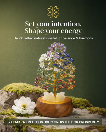 7 Chakra Crystal Tree of Life with LED Light, Handcrafted Gemstone Bonsai with Quartz Crystal Base & Acacia Wood Stand, Spiritual Home & Office Décor, Gift for Women,