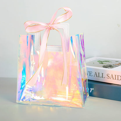Whaline 10 Pcs Clear Holographic Small Gift Bags 7.9 x 7.9 x 4 Inch Iridescent Reusable Tote PVC Handbags Waterproof Gift Wrap Shopping Bags for Holiday Wedding Birthday Baby Shower Party Supplies
