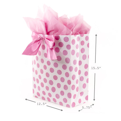 Hallmark 15" Extra Large Gift Bag with Tissue Paper (Pink Polka Dots and Bow) for Birthdays, Easter, Baby Showers, Bridal Showers, Any Occasion