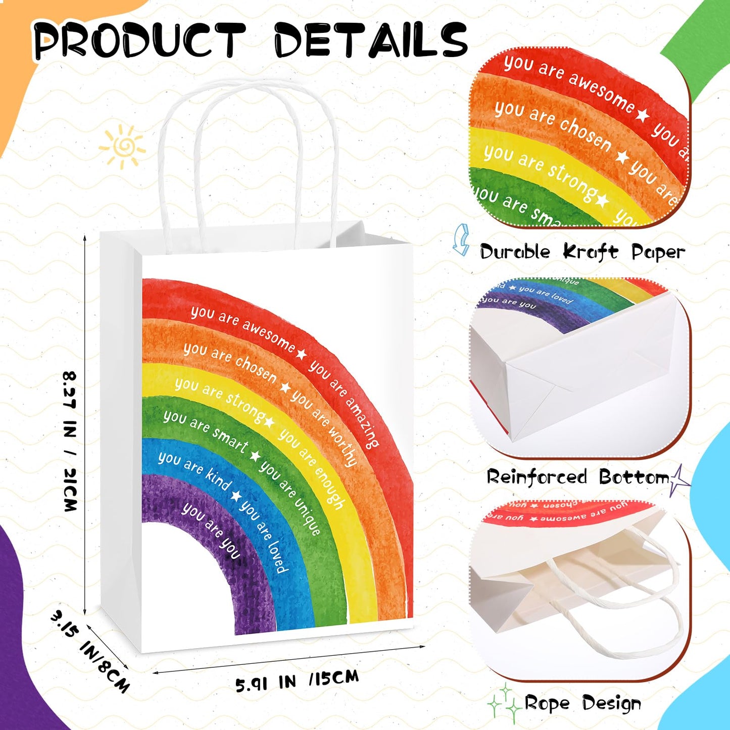Coume 12 Pcs End of The Year Gifts Bags for Students Bulk Inspirational Colorful Paper Bags with Handle for Primary School Classroom Prize Kindergarten Preschool, 5.9 x 3.15 x 8.27 Inch (Rainbow)