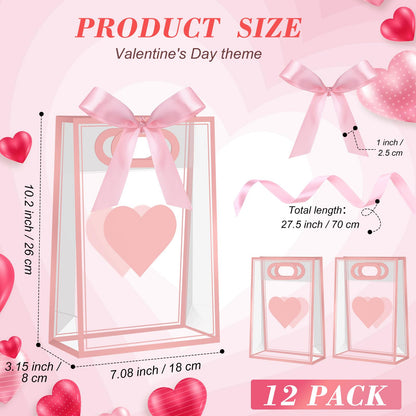 Gueevin 24 Pcs Mother's Day Heart Gift Bags with Ribbon Pink Heart Clear Plastic Gifts Bags with Handles Reusable Gift Wrap Tote Bag for Mom Wedding Bridal Birthday Party