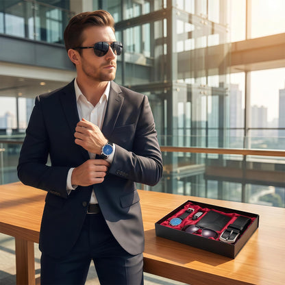 6-Pc Men's Set - Sunglasses, Wallet, Watch, Belt, Pen, Key Ring - For Father's Day, Birthday, Christmas