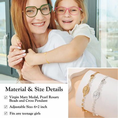 Catholic Bracelets Gifts for Women Girls, Simulated Pearl Rosary Beads Virgin Mary Cross Charm Bracelet Confirmation First Communion Baptism Religious Christian Jewelry Gift