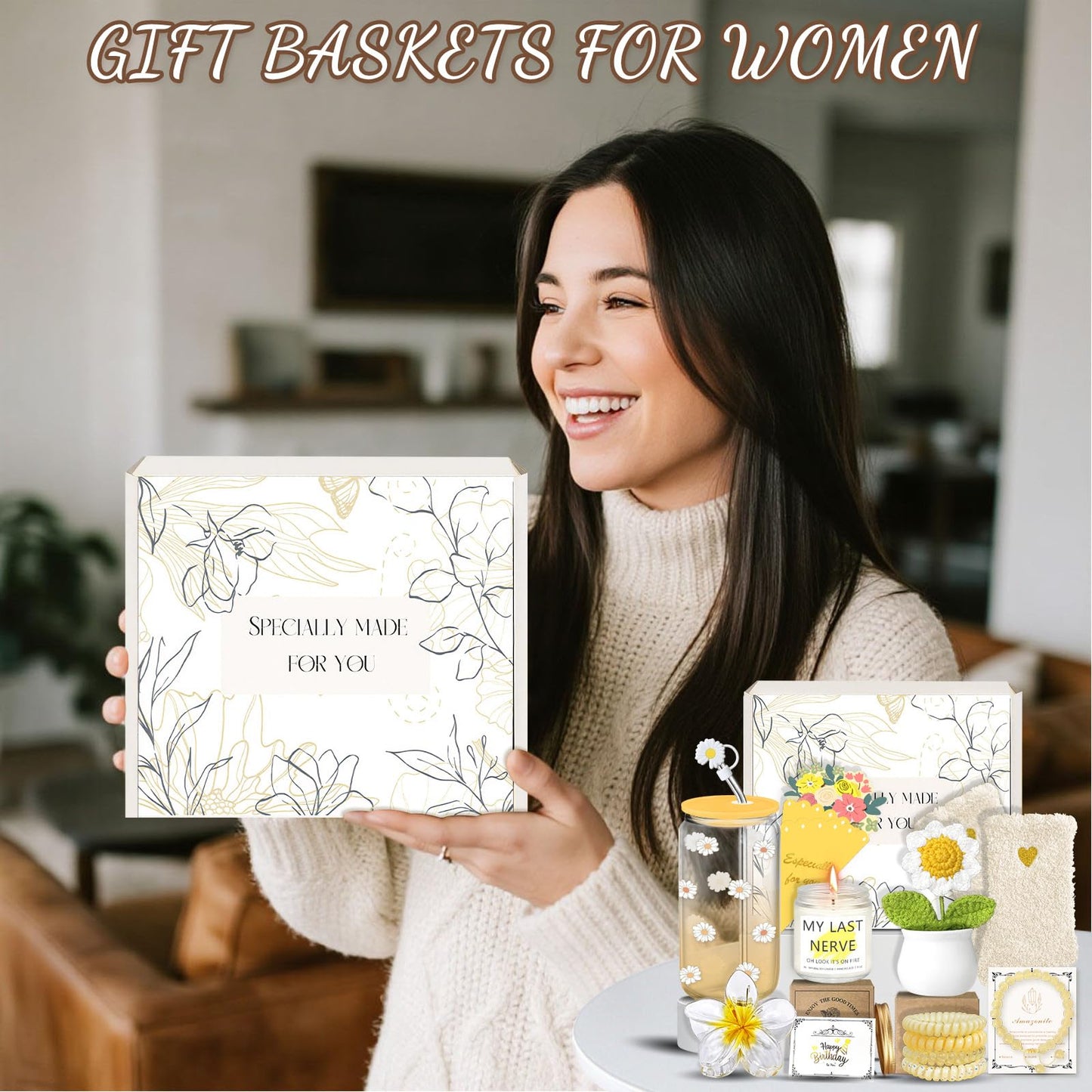 Birthday Gifts for Women Teen Girls, Unique Happy Graduation Gift Baskets for Her, Thank You Teacher Self Care Get Well Present Set, 14pcs Cute Daisy Box for Friend SisterGirlfriend Coworker(Yellow)