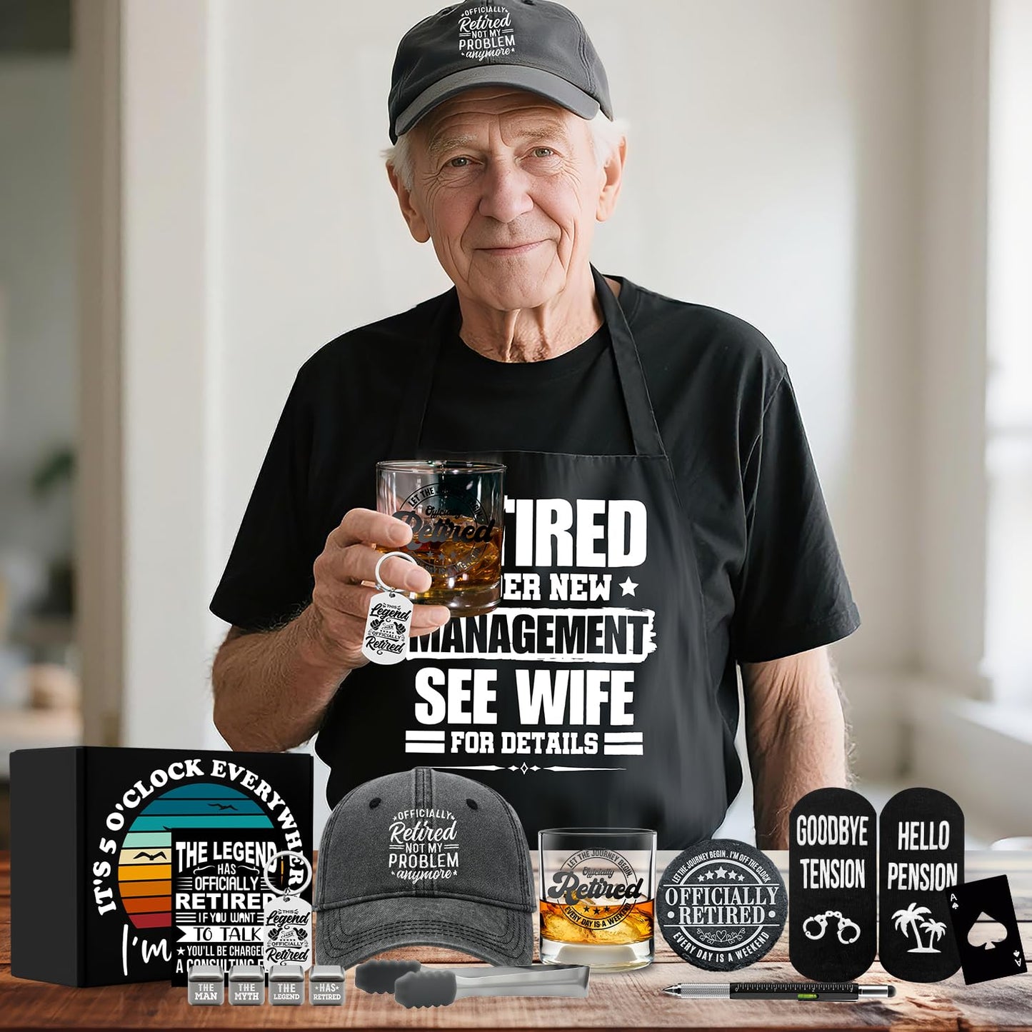15 Pcs 2026 Retirement Gifts for Men Whiskey Glass Set, The Legend Has Retired, Funny Retired Supplies with 11 Oz Whisky Glass Coaster Stones Apron Baseball Cap Socks for Dad, Coworker, Boss, Grandpa