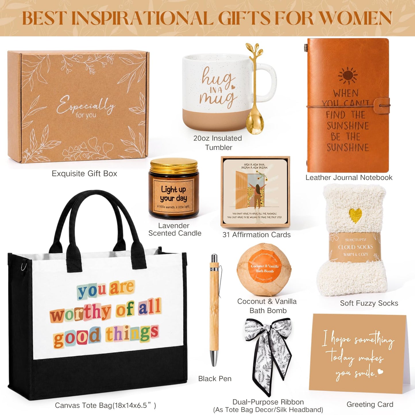 Suhctuptx Inspirational Gifts for Women, Birthday Gifts for Women, Motivational Encouragement Gifts Cheer Up Christmas Ideas with Affirmations Cards Tote Bag Mug for Her Sister Best Friend Coworker