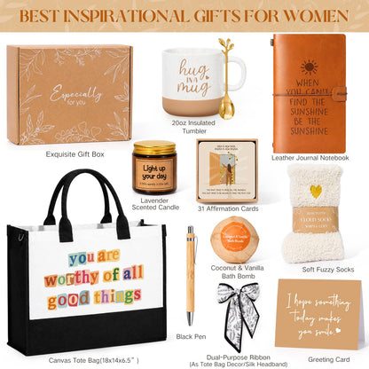 Suhctuptx Inspirational Gifts for Women, Birthday Gifts for Women, Motivational Encouragement Gifts Cheer Up Christmas Ideas with Affirmations Cards Tote Bag Mug for Her Sister Best Friend Coworker