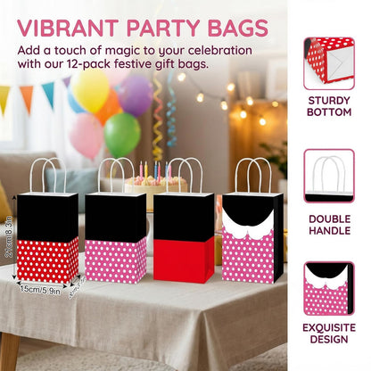 Afniimyapt 12Pcs Red Mouse Party Favor Goodie Bags with Handle Cartoon Mouse Theme Paper Treat Bags Pink Red Polka Dot Candy Gift Packing Supplies for Cartoon Themed Birthday Party Bridal Decorations