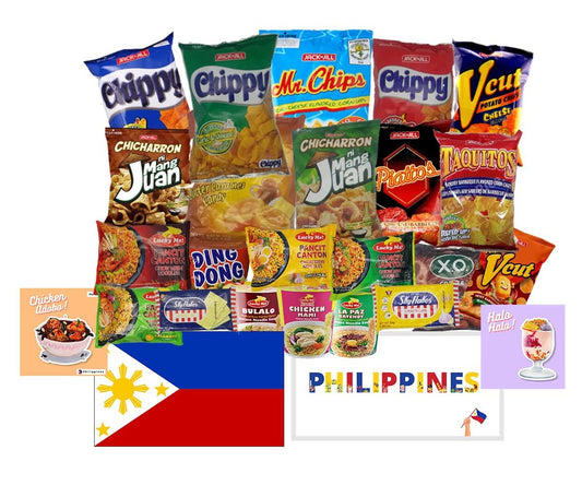 Filipino Snacks Box Variety Pack Assortment of 10 Authentic Food Products like Lucky Me, JackNJill, Skyflakes and more with Philippines Flag and Pride Stickers