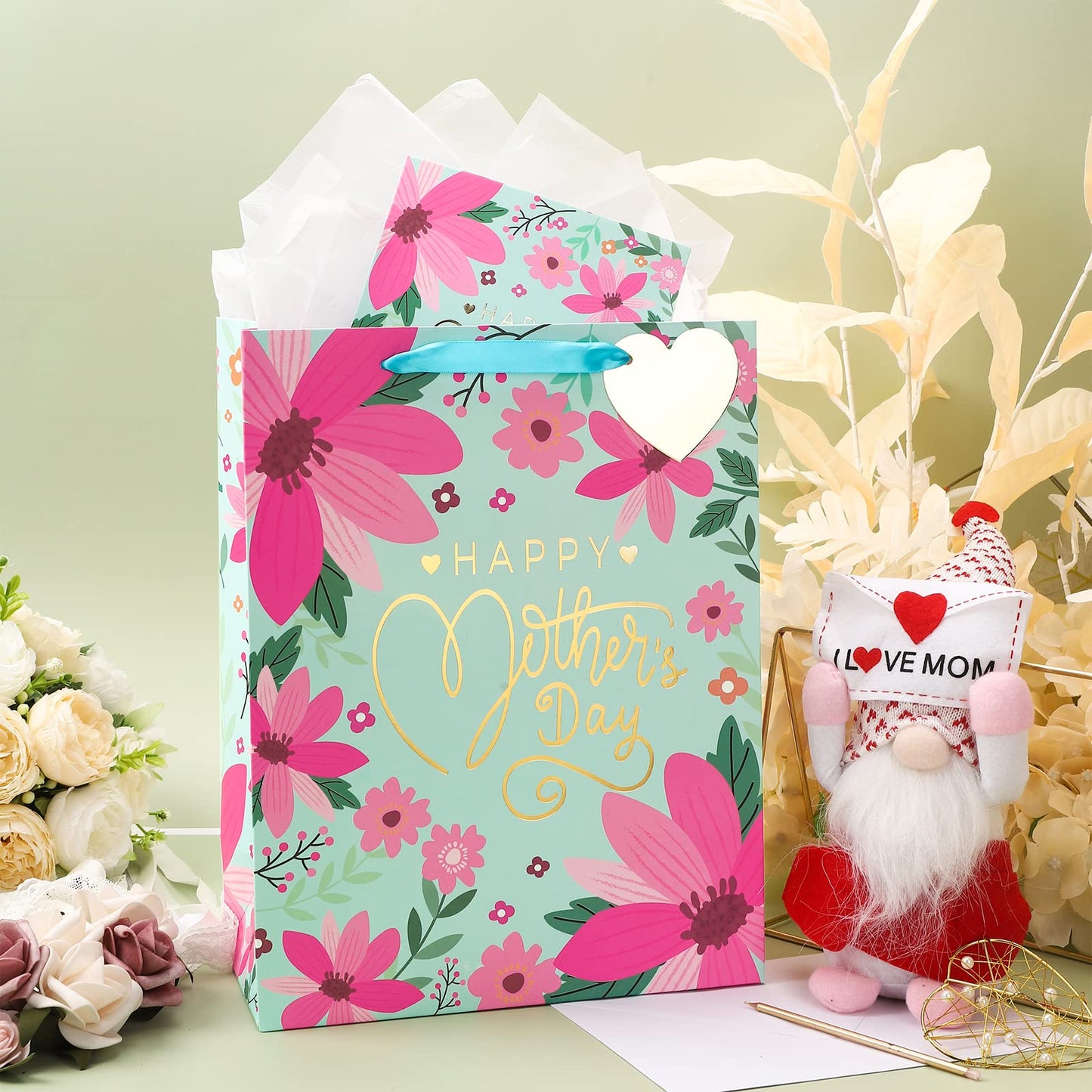 WRAPAHOLIC 13" Large Mother's Day Gift Bag with Card and Tissue Paper - Floral & Gold Foil Happy Mother's Day Lettering