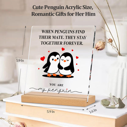 Romantic Penguin Acrylic Plaque with Wooden Stand, 5.9×5.9 Inch Clear Acrylic for Home Office Decor, Wedding Engagement Anniversary Birthday Valentines Day Gifts for Couples Him Her